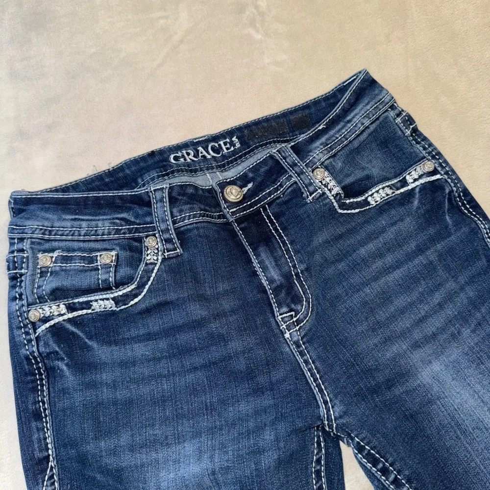 Grace in LA Womens Bootcut Jeans Dark Wash Horseshoe Embellished Size 28 Bling